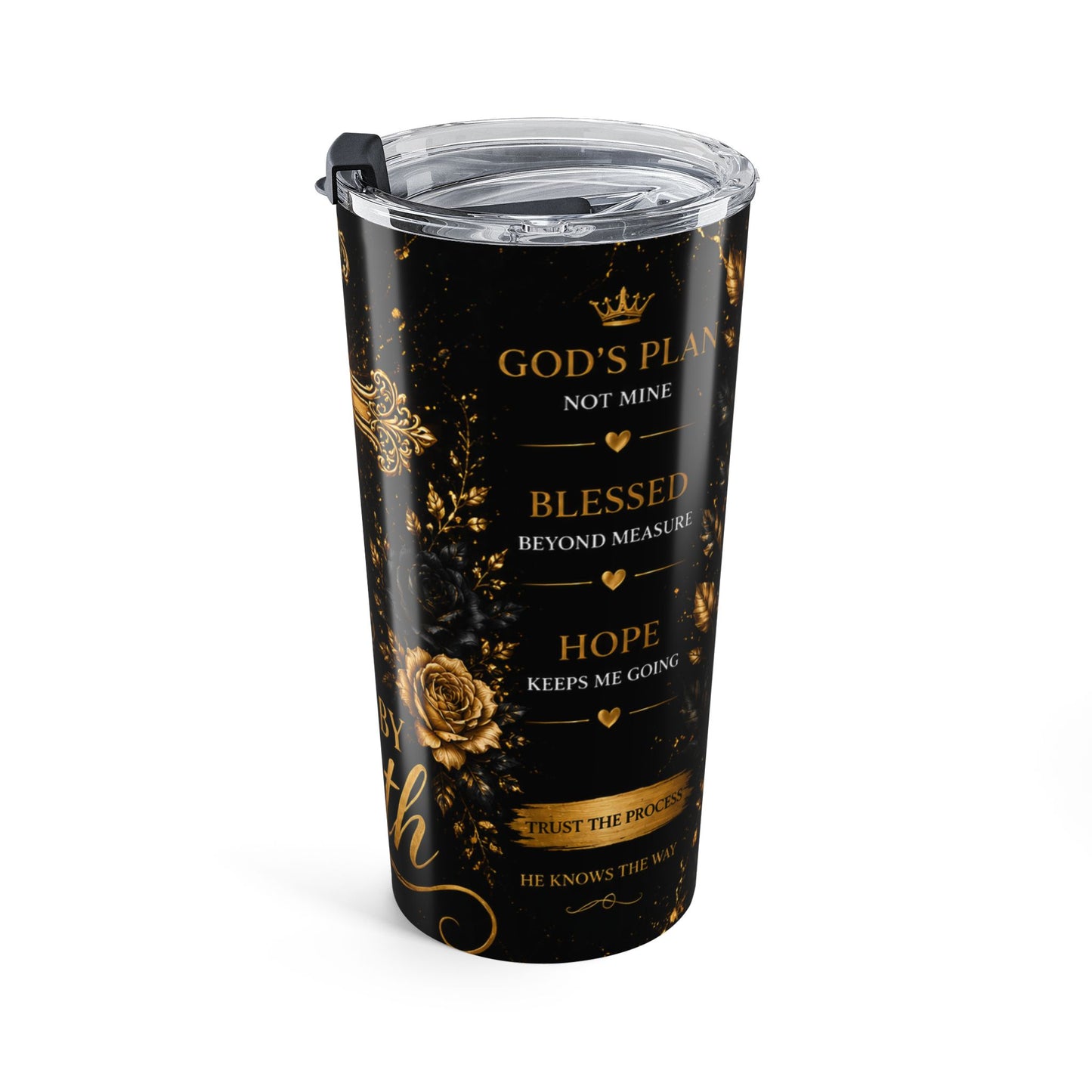 Walk By Faith Black & Gold Christian Tumbler | 20oz Skinny Tumbler | Faith Gift for Women & Men