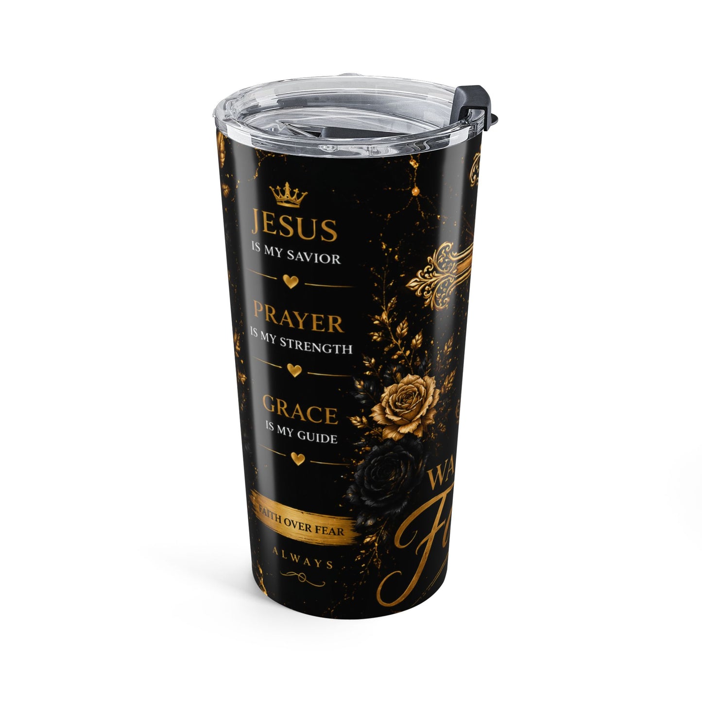 Walk By Faith Black & Gold Christian Tumbler | 20oz Skinny Tumbler | Faith Gift for Women & Men