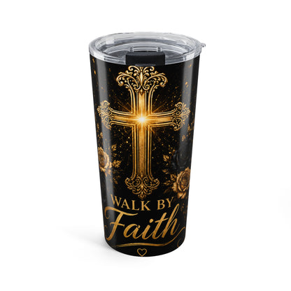 Walk By Faith Black & Gold Christian Tumbler | 20oz Skinny Tumbler | Faith Gift for Women & Men
